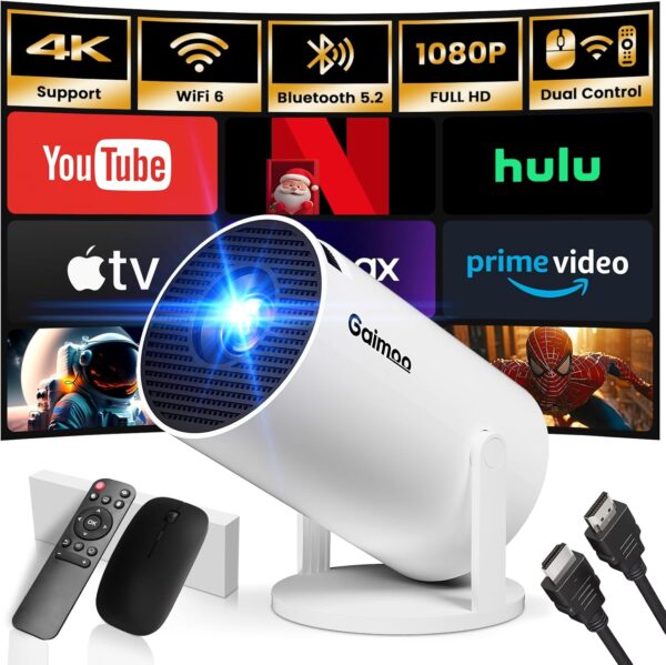 [Built-in App] Mini Projector 1080P FHD 4K Support Projector with Mouse Portable Projector with WiFi and Bluetooth 180° Adjustable Auto Keystone HDMI/TV Stick/PS5/Laptop, with HDMI Cable & Mouse