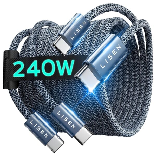 LISEN 2 Pack 240W USB C to USB C Cable 2M USBC to USBC PD Fast Charging Type C Charger Cable for iPhone Accessories 16 16e MacBook Pro iPad Matebook Chromebook Pixel Galaxy S25 Switch Grey-2pack-2M