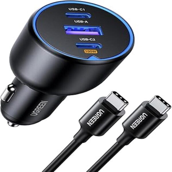 UGREEN 130W Laptop USB C Car Charger Fast Charging, 3 Ports Cigarette Lighter Adapter, PD3.0/QC4.0/PPS 45W, LED Light, Compatible with MacBook, iPad, iPhone 16, Galaxy S25 S24, with a 100W USB C Cable